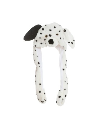 Cappello dalmata bianco con macchie nere e movimento, donna sorridente con accessorio per feste a tema
