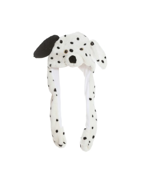 Cappello dalmata bianco con macchie nere e movimento, donna sorridente con accessorio per feste a tema