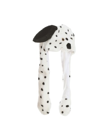 Cappello dalmata bianco con macchie nere e movimento, donna sorridente con accessorio per feste a tema
