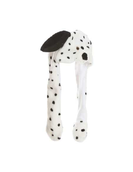 Cappello dalmata bianco con macchie nere e movimento, donna sorridente con accessorio per feste a tema