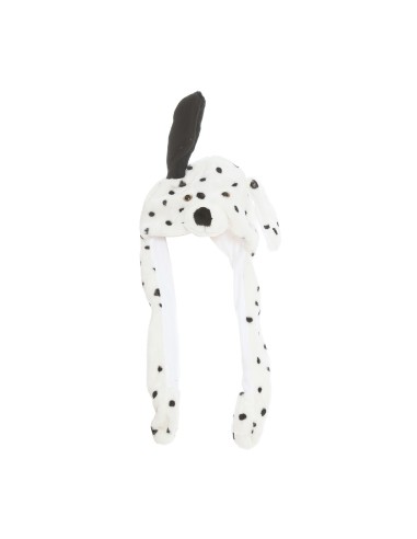 Cappello dalmata bianco con macchie nere e movimento, donna sorridente con accessorio per feste a tema
