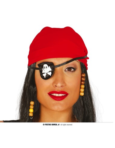 Benda pirata nera con teschio bianco indossata da donna con cappello rosso per costume pirata