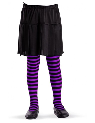 Collant a righe viola e nere indossati da bambina con gonna nera per costume Halloween