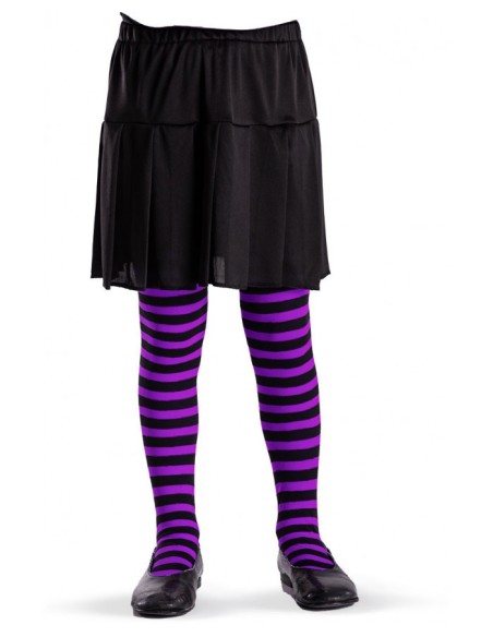 Collant a righe viola e nere indossati da bambina con gonna nera per costume Halloween