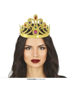 Corona dorata da regina con gemme rosse e blu per costumi e feste a tema
