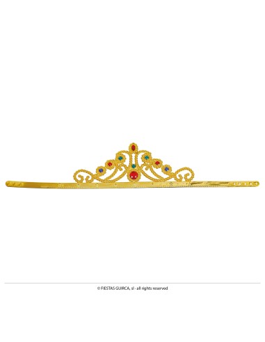 Corona dorata da regina con gemme rosse e blu per costumi e feste a tema