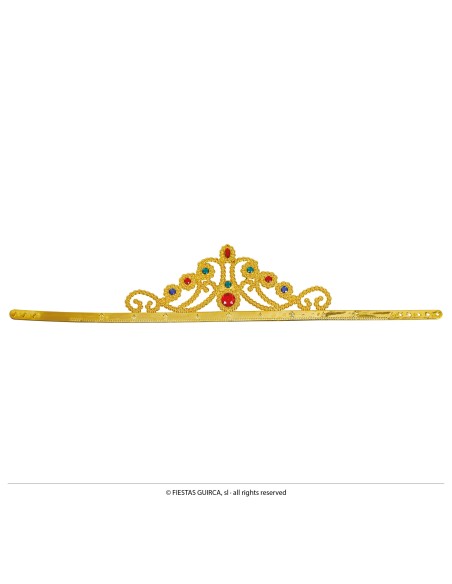 Corona dorata da regina con gemme rosse e blu per costumi e feste a tema