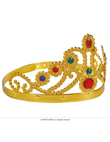 Corona dorata da regina con gemme rosse e blu per costumi e feste a tema