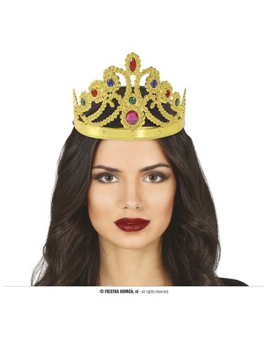 Corona dorata da regina con gemme rosse e blu per costumi e feste a tema