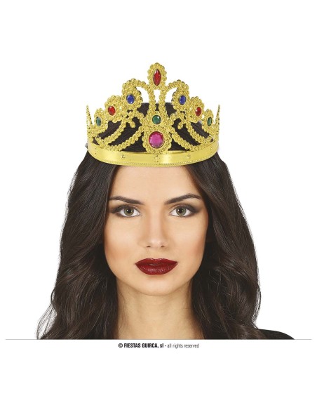Corona dorata da regina con gemme rosse e blu per costumi e feste a tema