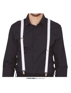 Bretelle bianche indossate su camicia nera, accessorio per costumi e travestimenti