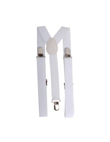 Bretelle bianche indossate su camicia nera, accessorio per costumi e travestimenti
