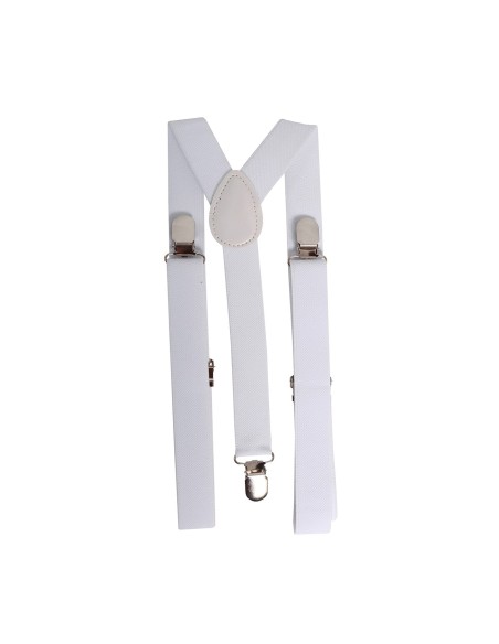 Bretelle bianche indossate su camicia nera, accessorio per costumi e travestimenti