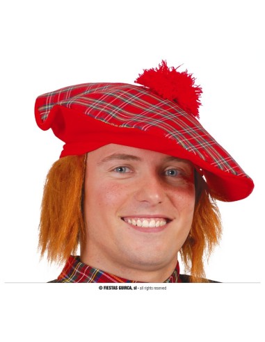 Cappello scozzese rosso tartan con capelli rossi e pon pon per costume celtico Halloween Carnevale