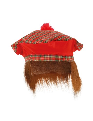 Cappello scozzese rosso tartan con capelli rossi e pon pon per costume celtico Halloween Carnevale