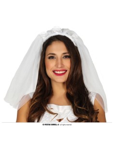 Velo da sposa bianco con fascia elastica indossato da donna sorridente per matrimonio e feste a tema