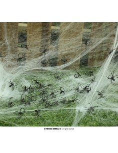 Confezione 50 ragni neri decorativi su ragnatela finta per Halloween