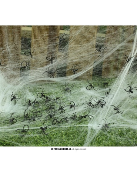 Confezione 50 ragni neri decorativi su ragnatela finta per Halloween