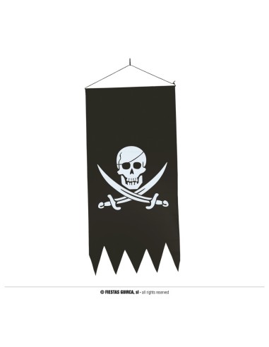 Bandiera pirata nera 40x80 cm con teschio bianco e spade incrociate bordo frastagliato