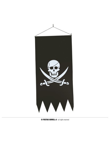 Bandiera pirata nera 40x80 cm con teschio bianco e spade incrociate bordo frastagliato