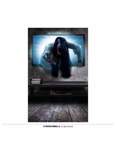 Adesivo murale Halloween ragazza posseduta capelli neri che esce da televisione decorazione horror 70x80cm