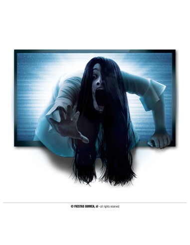 Adesivo murale Halloween ragazza posseduta capelli neri che esce da televisione decorazione horror 70x80cm