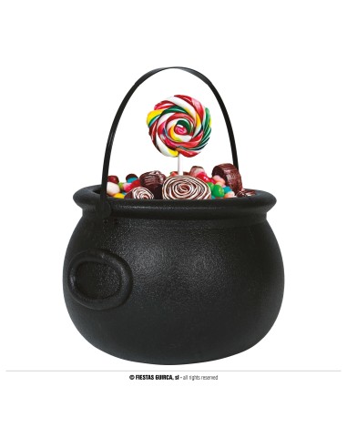 Calderone nero Halloween 16x20cm con dolcetti colorati e lecca-lecca per decorazione festa