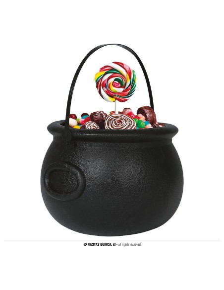 Calderone nero Halloween 16x20cm con dolcetti colorati e lecca-lecca per decorazione festa