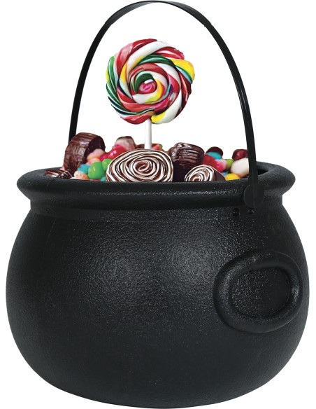 Calderone nero Halloween 16x20cm con dolcetti colorati e lecca-lecca per decorazione festa