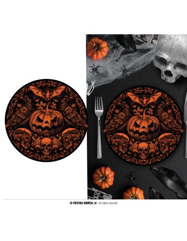 Set 6 piatti Halloween neri con zucca gotica arancione teschi e decorazioni macabre diametro 23 cm