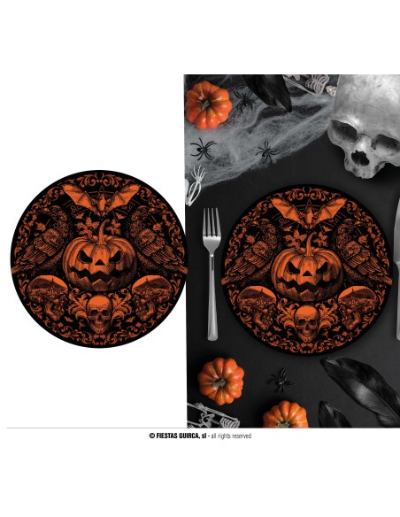 Set 6 piatti Halloween neri con zucca gotica arancione teschi e decorazioni macabre diametro 23 cm