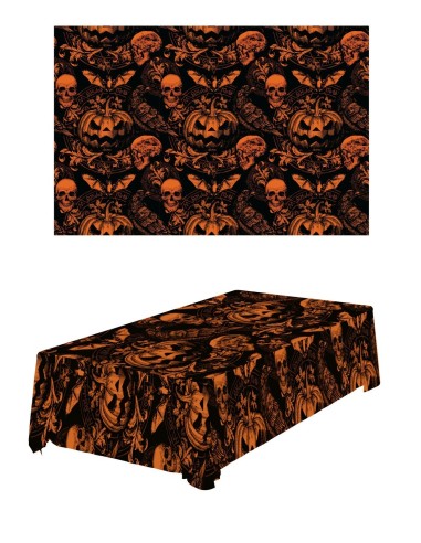 Tovaglia Halloween nera con zucche arancioni teschi e pipistrelli motivo gotico 137x274cm