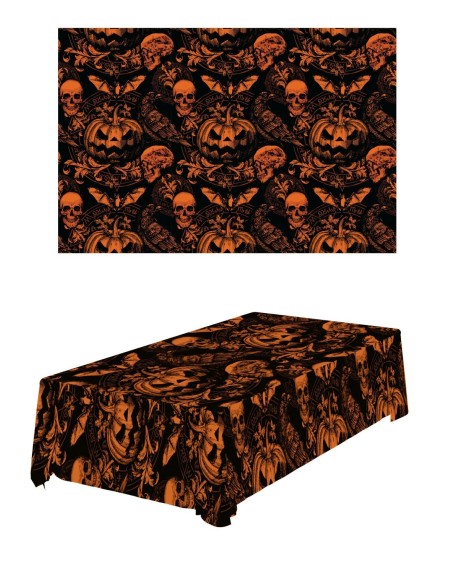 Tovaglia Halloween nera con zucche arancioni teschi e pipistrelli motivo gotico 137x274cm