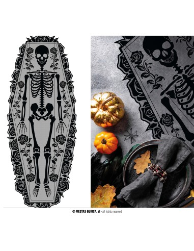 Runner da tavolo nero con scheletro e rose gothic 183x60 cm per Halloween