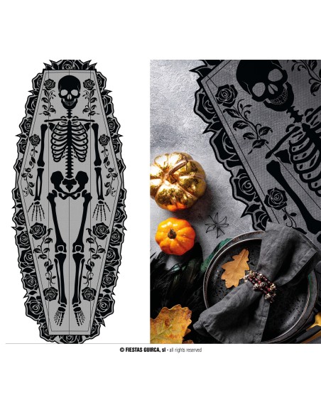 Runner da tavolo nero con scheletro e rose gothic 183x60 cm per Halloween