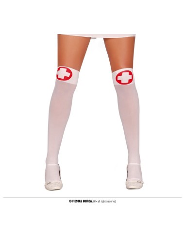 Calze autoreggenti bianche da infermiera con croce rossa per costume medico Halloween