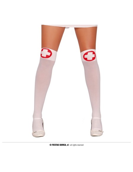 Calze autoreggenti bianche da infermiera con croce rossa per costume medico Halloween