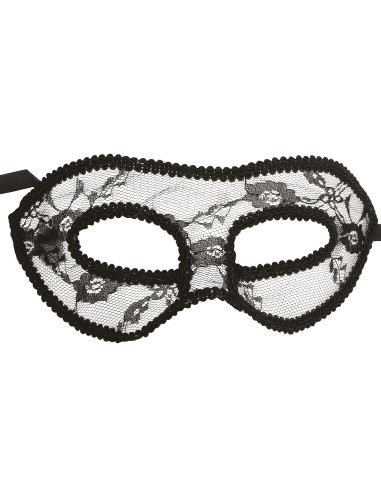 Maschera sexy nera in pizzo con elastico indossata da donna con capelli biondi e rossetto rosso