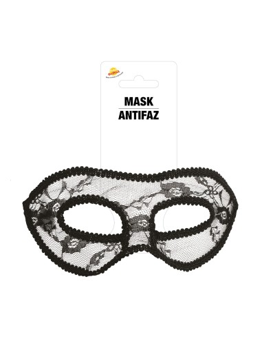 Maschera sexy nera in pizzo con elastico indossata da donna con capelli biondi e rossetto rosso