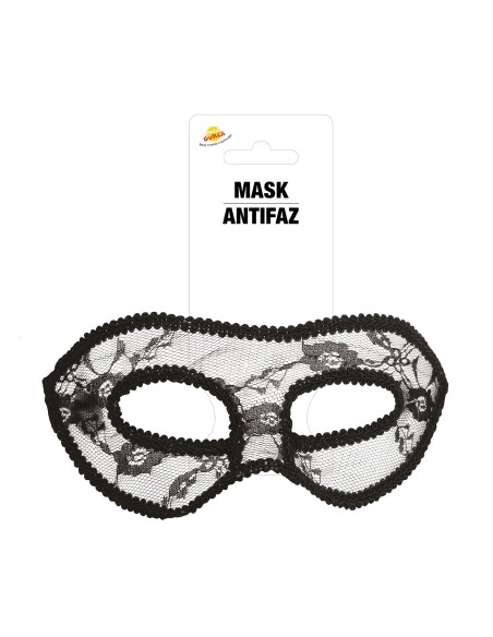Maschera sexy nera in pizzo con elastico indossata da donna con capelli biondi e rossetto rosso