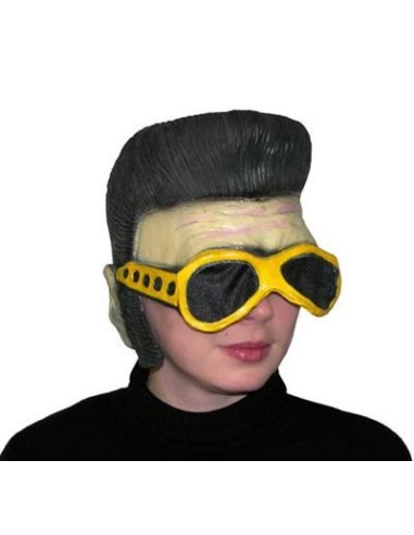 Maschera Elvis Presley in lattice con ciuffo nero e occhiali gialli per costume rock