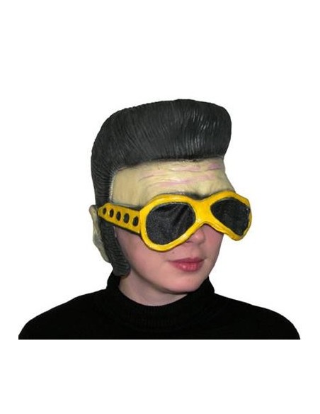 Maschera Elvis Presley in lattice con ciuffo nero e occhiali gialli per costume rock