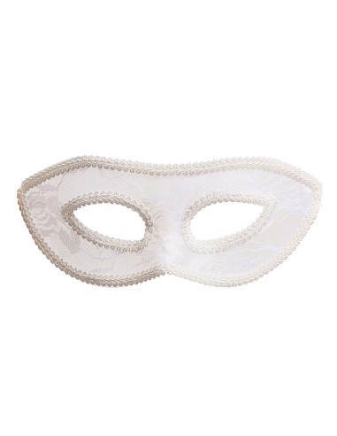 Maschera sexy in pizzo bianco indossata da donna con capelli castani e rossetto rosso