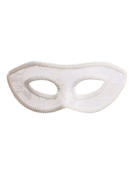 Maschera sexy in pizzo bianco indossata da donna con capelli castani e rossetto rosso