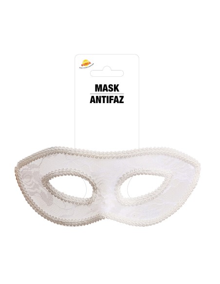 Maschera sexy in pizzo bianco indossata da donna con capelli castani e rossetto rosso