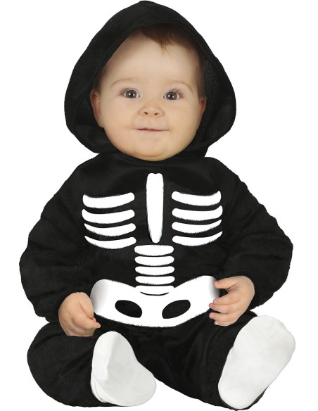 Costume scheletro neonato nero con cappuccio e stampa ossa bianche tutina baby Halloween