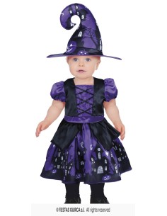 Costume strega bambina viola e nero con cappello a punta e vestito decorato per Halloween