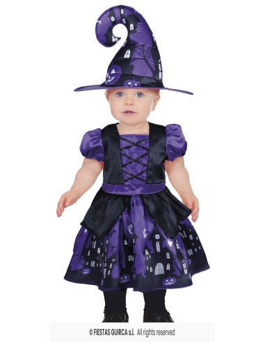 Costume strega bambina viola e nero con cappello a punta e vestito decorato per Halloween