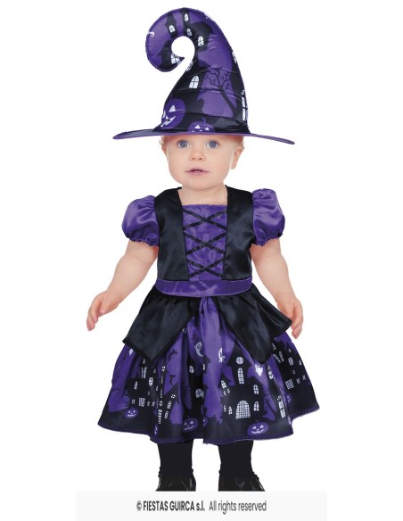 Costume strega bambina viola e nero con cappello a punta e vestito decorato per Halloween
