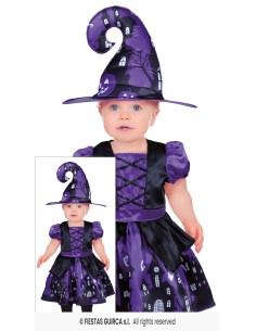 Costume strega bambina viola e nero con cappello a punta e vestito decorato per Halloween 2